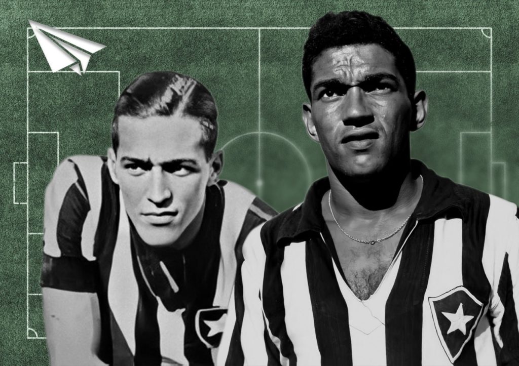 Fotomontagem que mostra os craques Heleno de Freitas e Garrincha no mesmo gramado